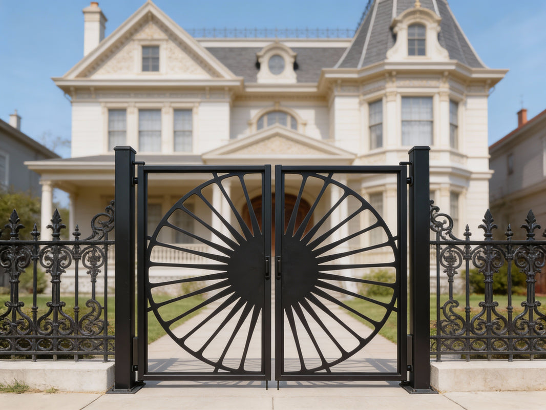 Solarose Passage – Ornamental wrought iron man door with sunburst medallion, floral accents, and circular symmetry Model # MG218
