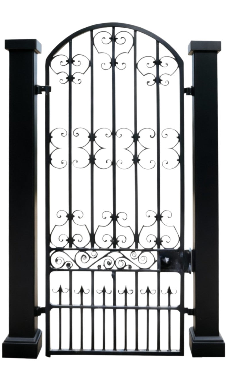 Regal Scrollwork Passage — Decorative Wrought Iron Gate with Arched Silhouette Model # MG220