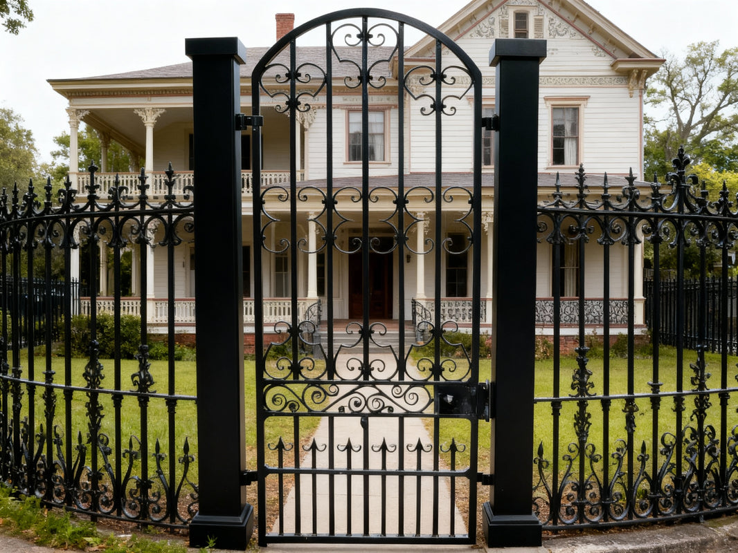 Regal Scrollwork Passage — Decorative Wrought Iron Gate with Arched Silhouette Model # MG220