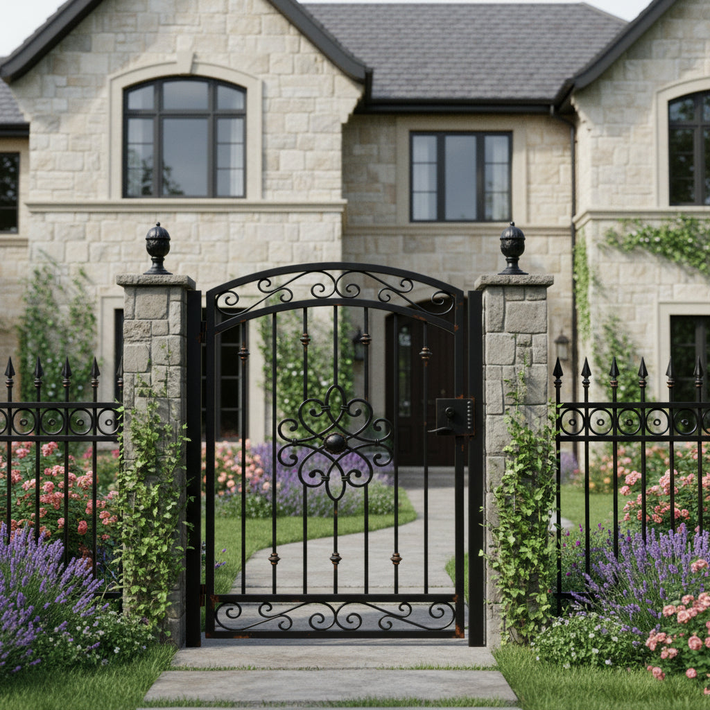 Knucklebloom Passage – Ornamental wrought iron man door with floral centerpiece, scrollwork lattice, and vertical knuckle bars Model # MG221