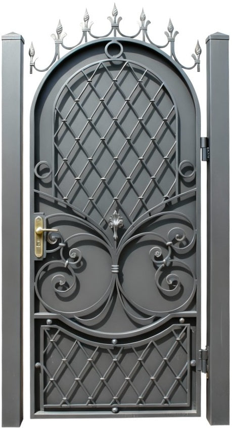 Crestveil Passage – Ornamental double-panel wrought iron man door with scrollwork lattice, diamond mesh, and finial arch Model # MG224