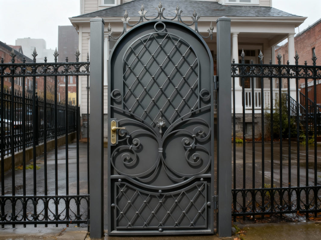 Crestveil Passage – Ornamental double-panel wrought iron man door with scrollwork lattice, diamond mesh, and finial arch Model # MG224