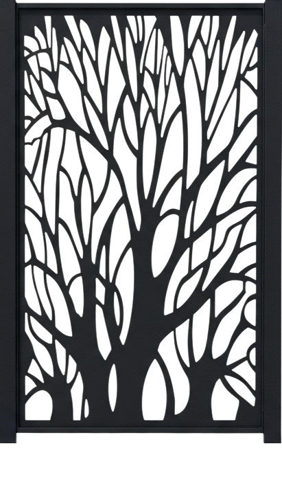 Branchveil Silhouette – Artistic tree-branch man door with high-contrast dual-panel design and organic flow Model # MG229