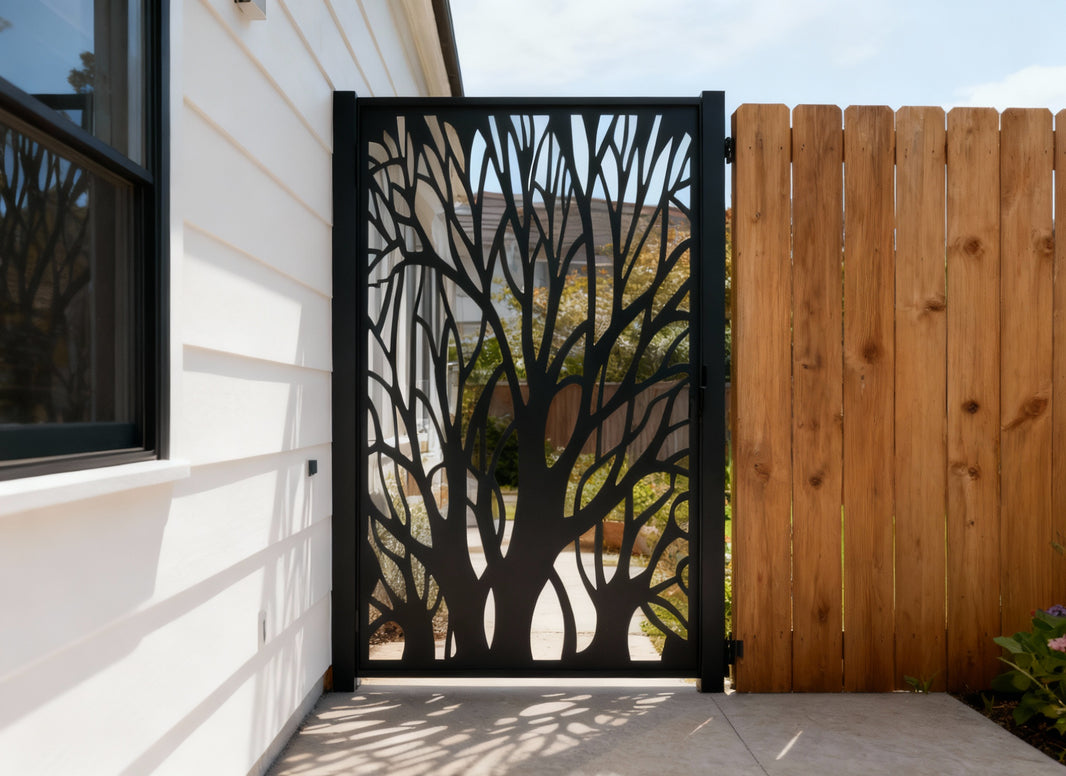 Branchveil Silhouette – Artistic tree-branch man door with high-contrast dual-panel design and organic flow Model # MG229