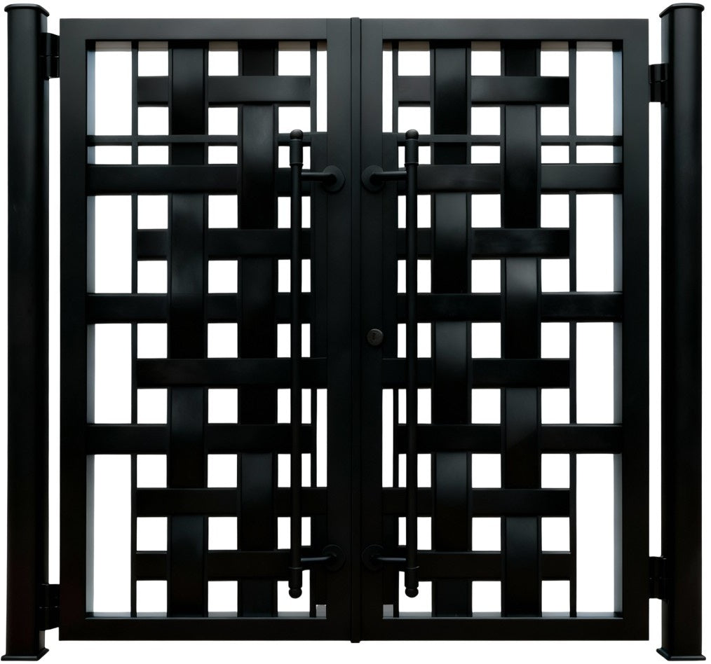 Gridweave Passage – Modern double-panel man door with interwoven rectangular lattice and cylindrical post framing Model # MG230