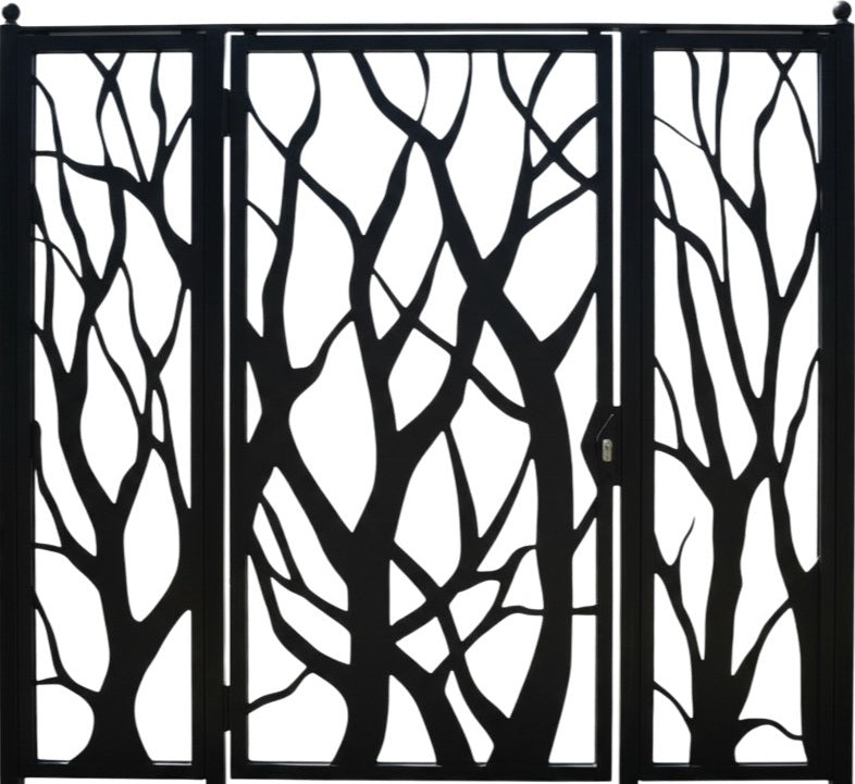 Branchveil Trio – Nature-inspired man door with three-panel tree branch silhouette and black frame Model # MG231