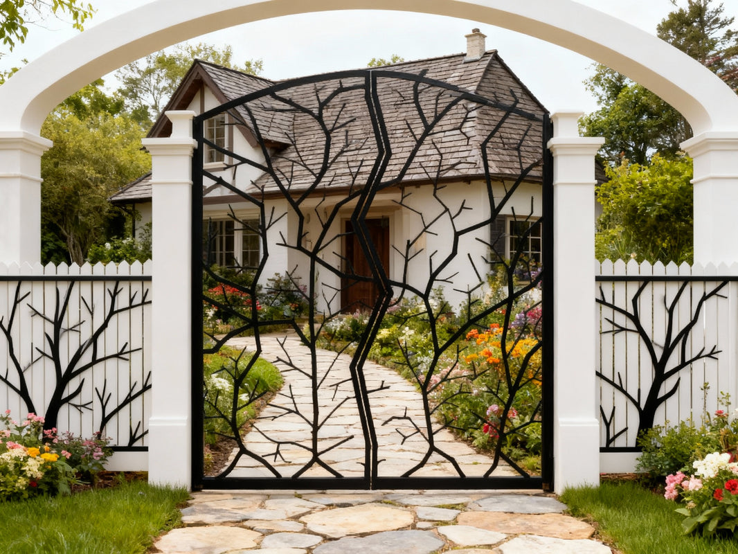 Branch split Passage – Artistic tree-branch man door with jagged center split and arched top Model # 232