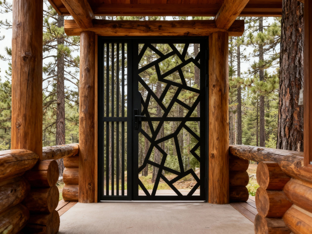 Lineform Passage – Modern geometric man door with vertical bars and abstract polygonal panel Model # MG242