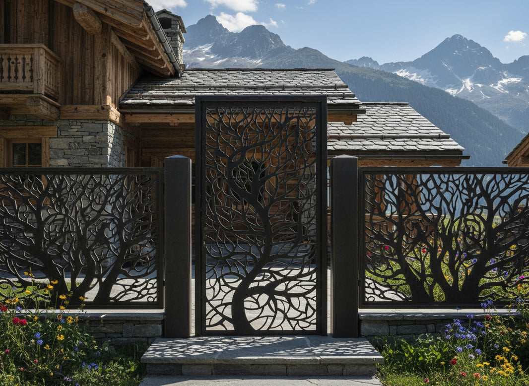 Treeveil Passage – Stylized tree man door with abstract leaf geometry and flowing branch silhouette Model # MG233