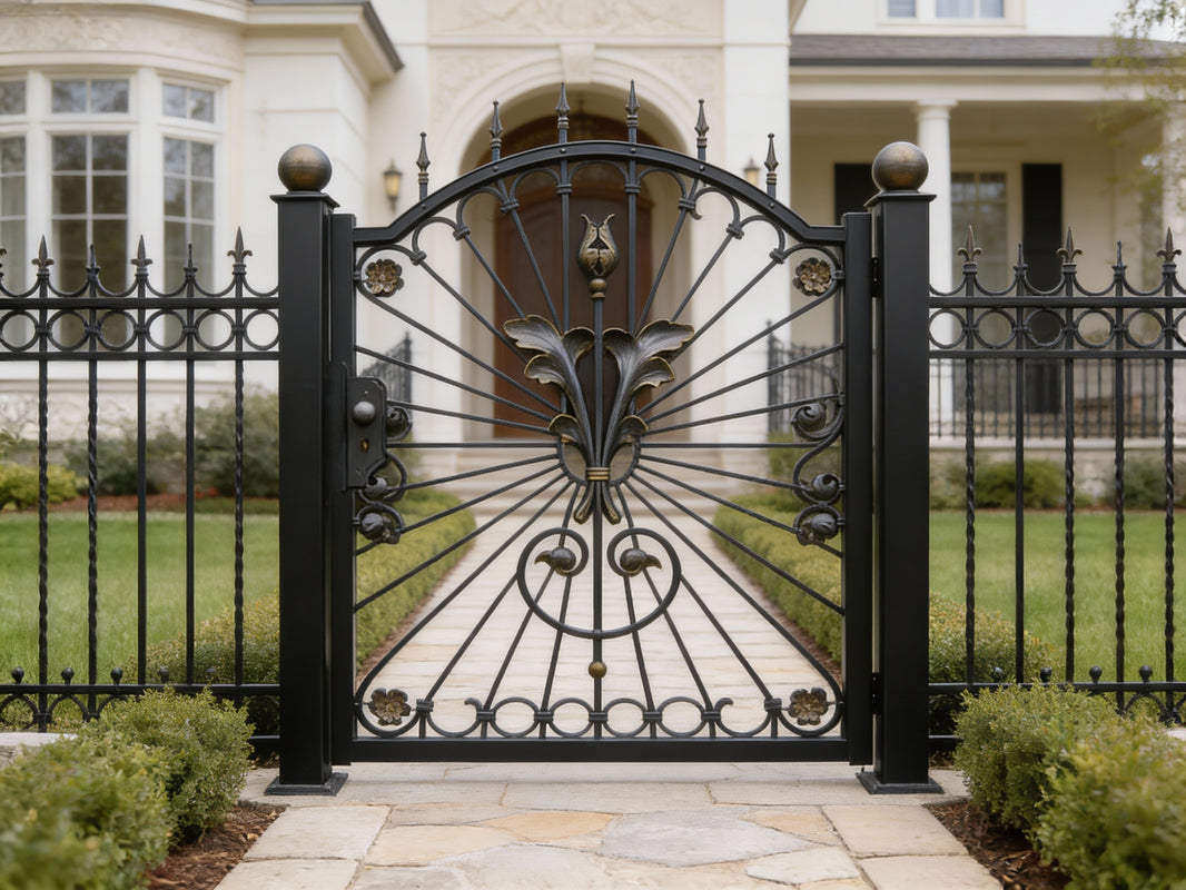 Rosaflare Passage – Ornamental wrought iron man door with radial scrollwork and floral medallion centerpie Model # MG234