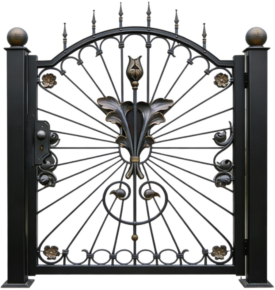 Rosaflare Passage – Ornamental wrought iron man door with radial scrollwork and floral medallion centerpie Model # MG234