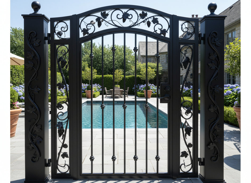 Vineyard Passage – Decorative grapevine man door with scrollwork and poolside elegance Model # MG235