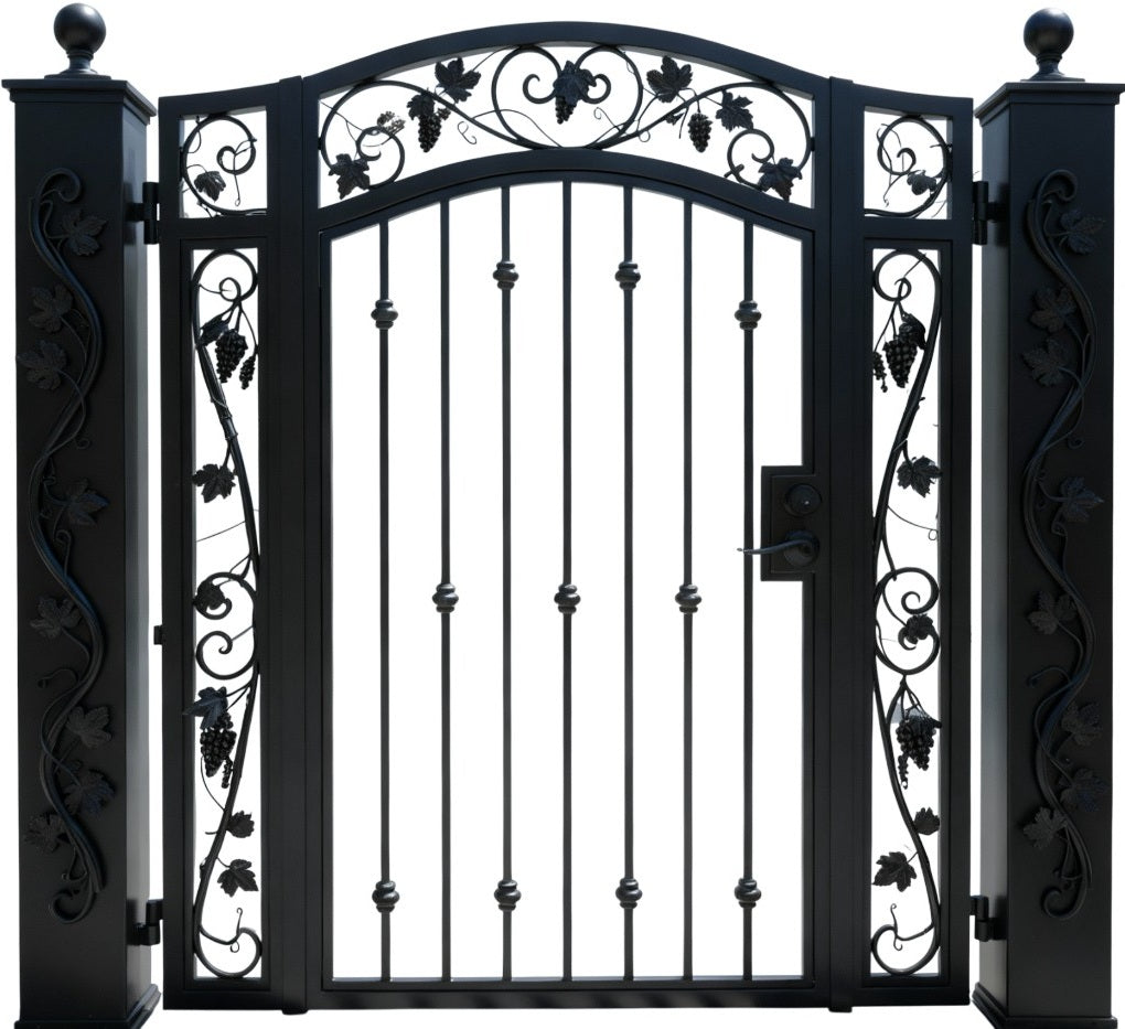 Vineyard Passage – Decorative grapevine man door with scrollwork and poolside elegance Model # MG235