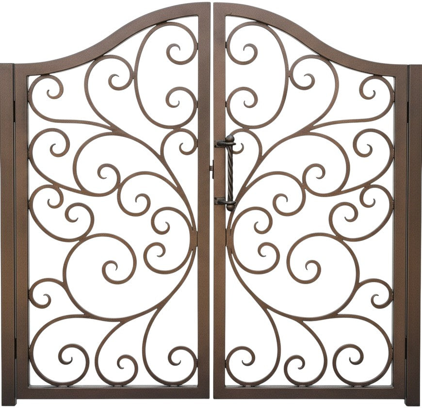 Scrollveil Passage – Ornamental double-panel wrought iron man door with symmetrical scrollwork and arched silhouette Model # MG237
