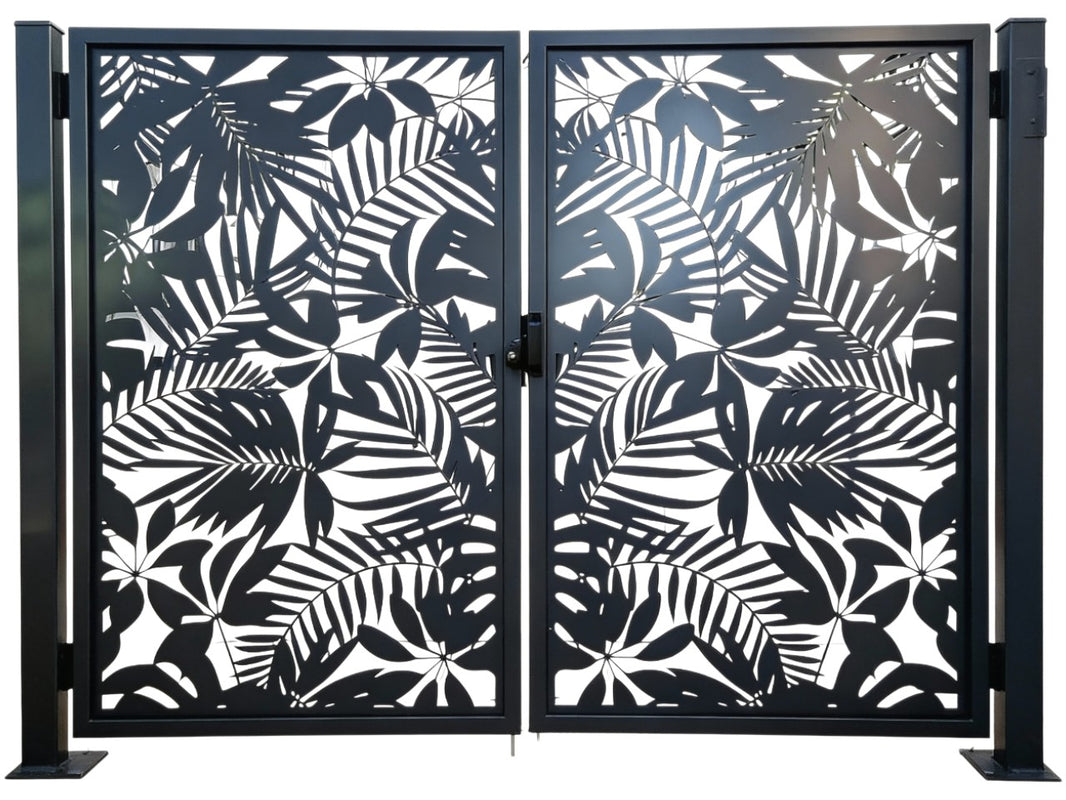 Tropiflora Passage – Ornamental metal man door with tropical leaf cutout lattice and symmetrical privacy geometry Model # MG238