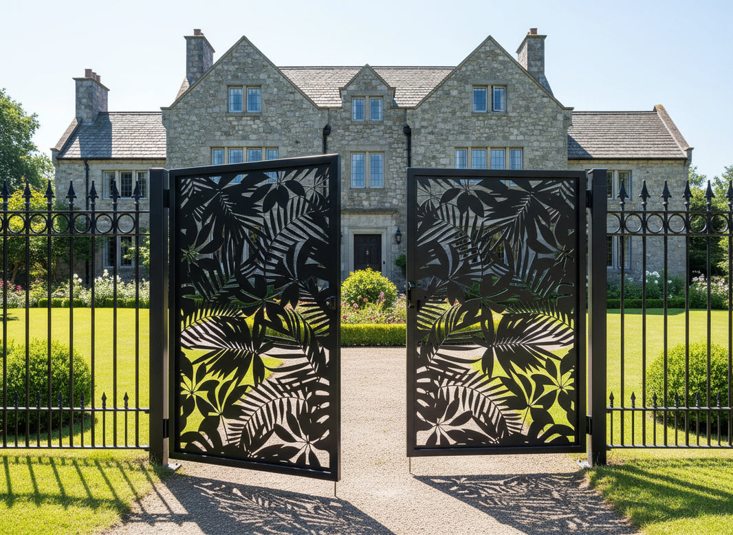 Tropiflora Passage – Ornamental metal man door with tropical leaf cutout lattice and symmetrical privacy geometry Model # MG238