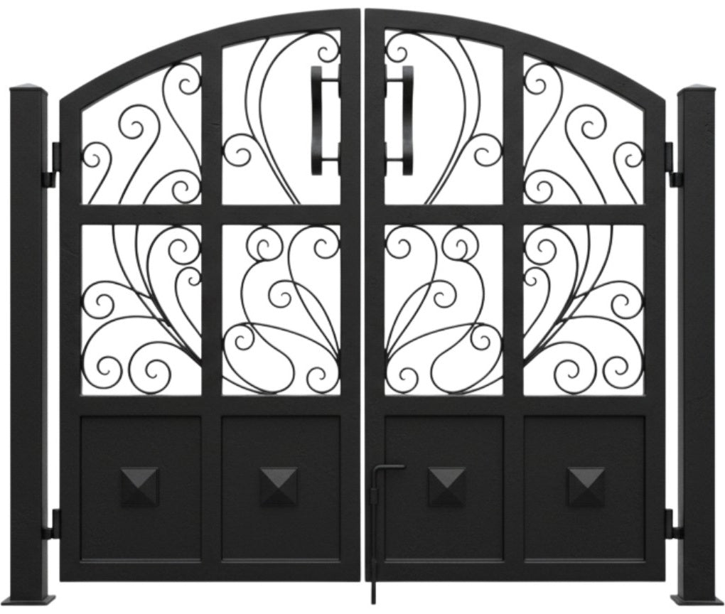Mesaform Passage – Ornamental metal man door with rectangular panel lattice and arched top geometry Model # MG239
