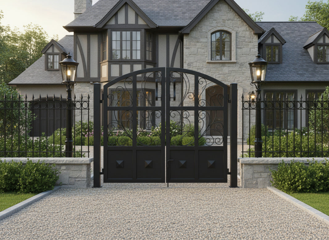 Mesaform Passage – Ornamental metal man door with rectangular panel lattice and arched top geometry Model # MG239