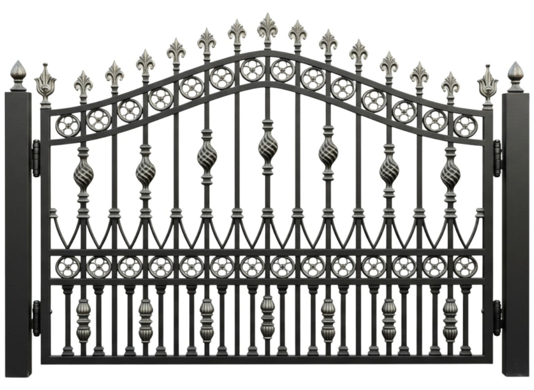 Floracrest Passage – Ornamental wrought iron man door with floral medallions, twisted bars, and spearhead finials Model # MG240