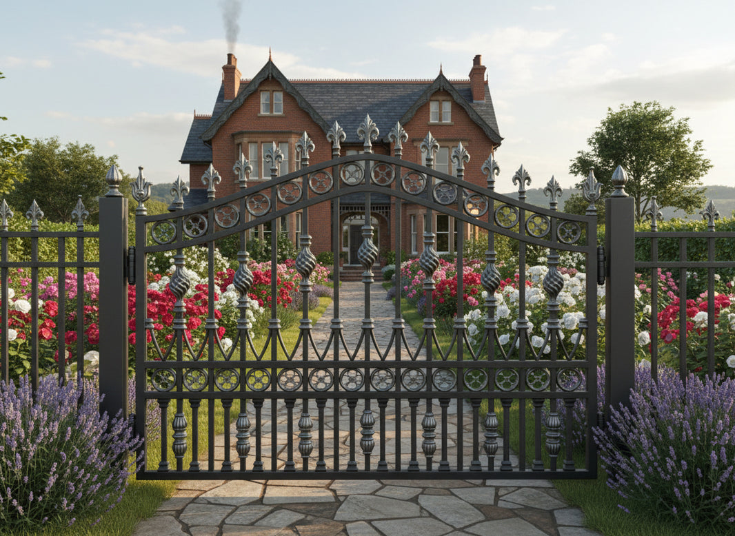 Floracrest Passage – Ornamental wrought iron man door with floral medallions, twisted bars, and spearhead finials Model # MG240