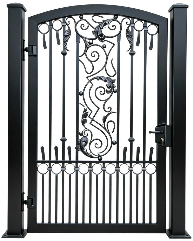 Scrollbloom Passage – Ornamental wrought iron man door with twisted bar lattice and floral scrollwork medallions Model MG241