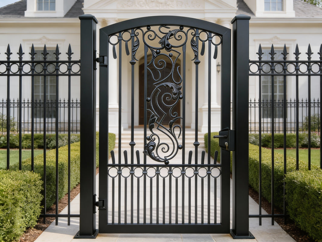 Scrollbloom Passage – Ornamental wrought iron man door with twisted bar lattice and floral scrollwork medallions Model MG241