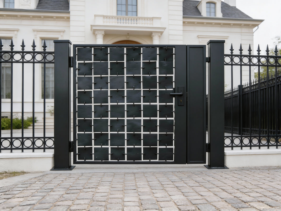 Gridlink Passage – Modern ornamental metal man door with square plate lattice and minimalist rod connectors Model # MG249