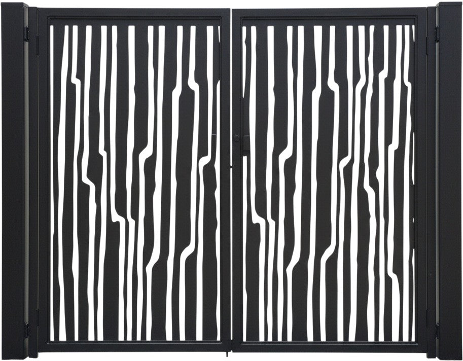 Stripe veil Passage – Artistic vertical stripe man door with abstract black-and-white paneling Model # MG256