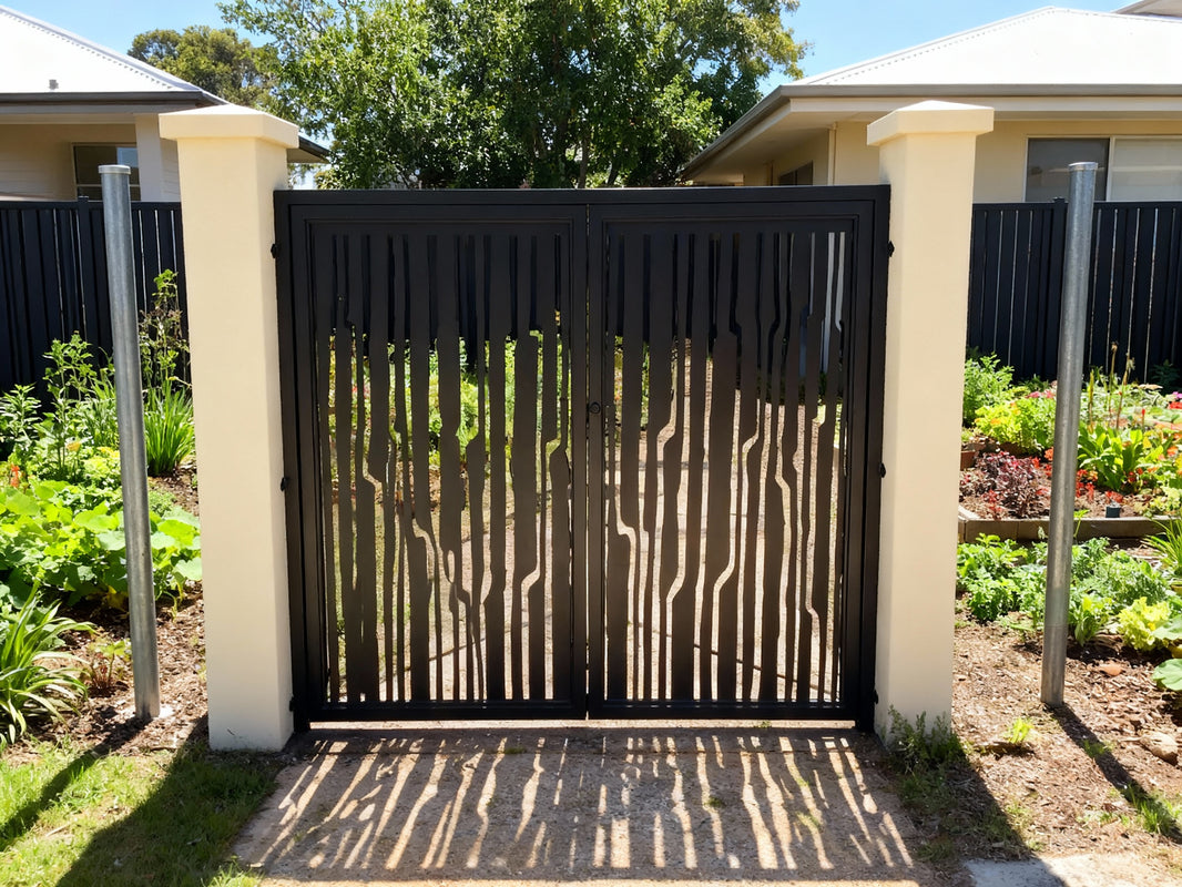 Stripe veil Passage – Artistic vertical stripe man door with abstract black-and-white paneling Model # MG256