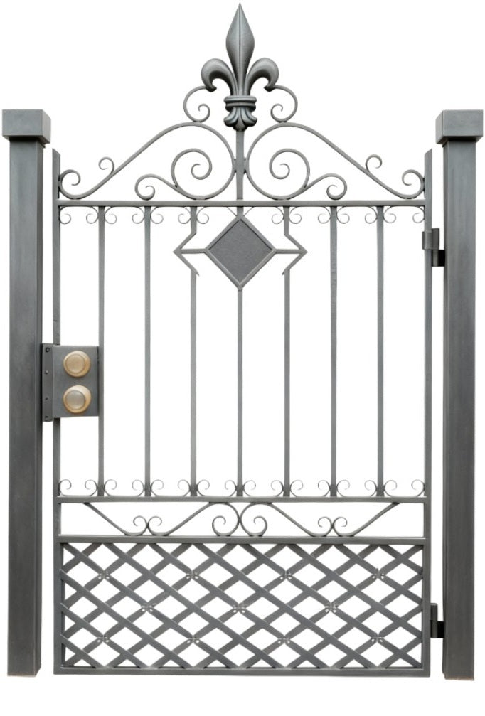 Fleurgrid Passage – Ornamental wrought iron man door with fleur-de-lis finial, diamond centerpiece, and scroll lattice base Model # MG257