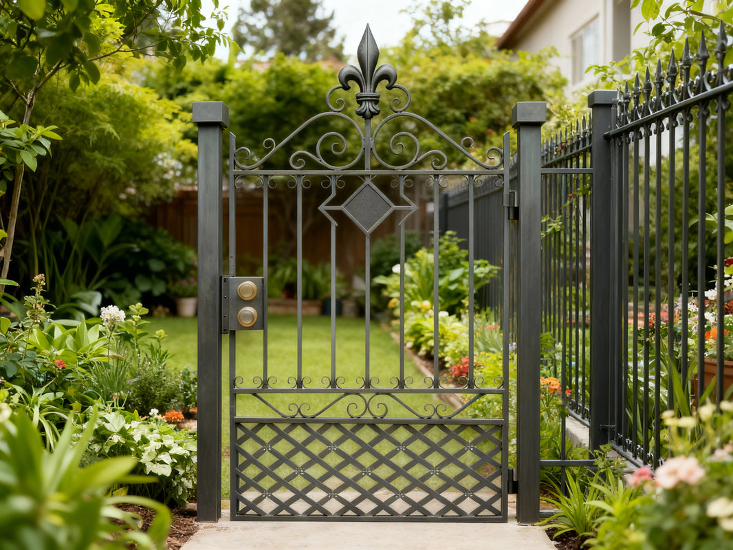 Fleurgrid Passage – Ornamental wrought iron man door with fleur-de-lis finial, diamond centerpiece, and scroll lattice base Model # MG257