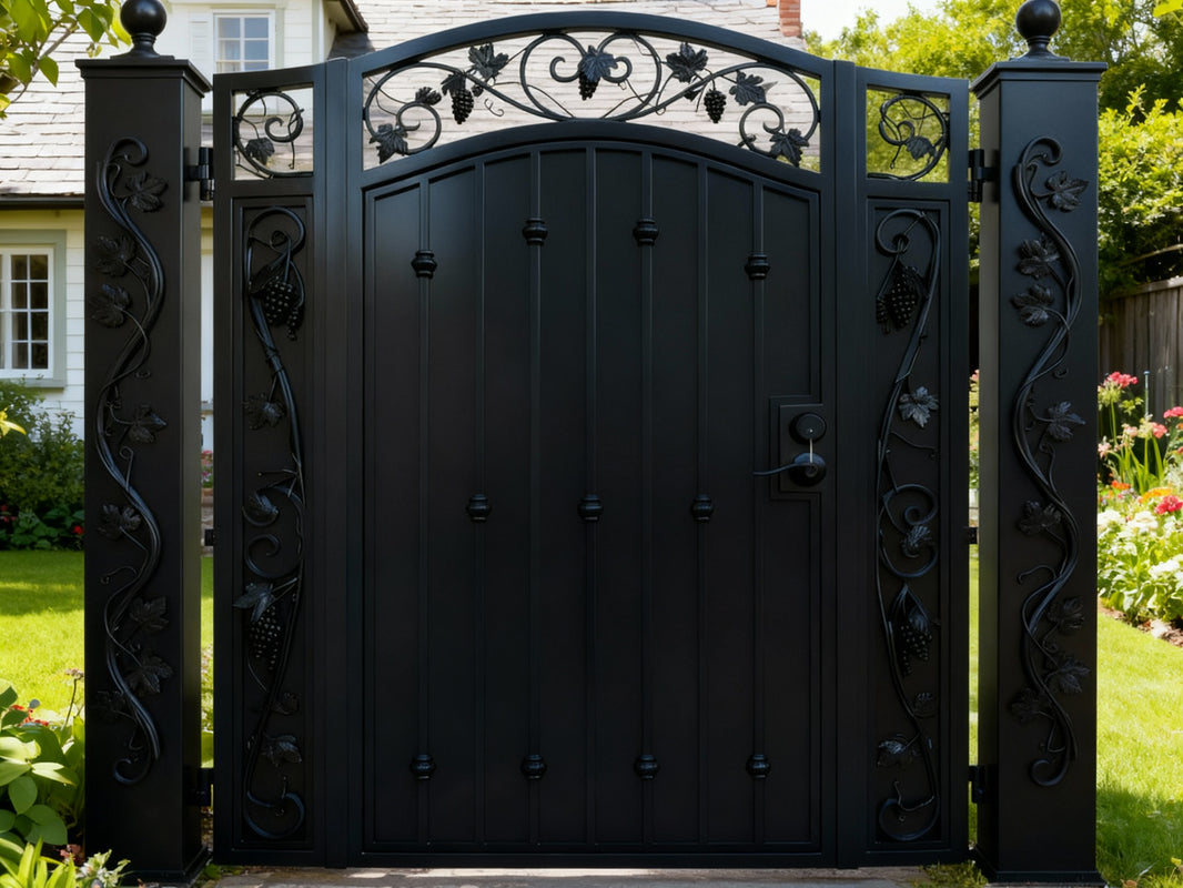 Vine crest Passage – Ornate wrought iron man door with grapevine scrollwork and arched top panel Model # MG258