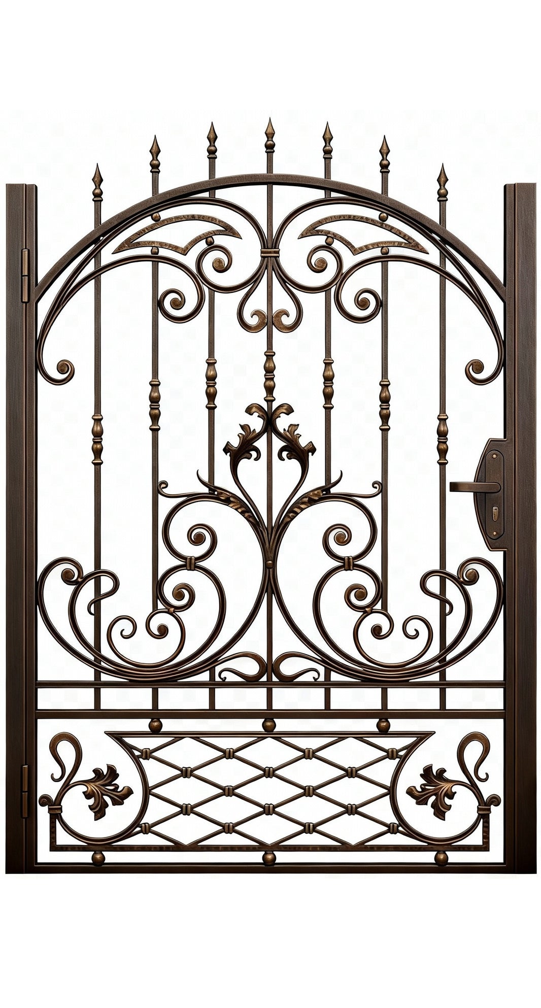 Scrollhaven Passage – Ornamental wrought iron man door with floral scrollwork, symmetrical lattice, and secure entry handle Model # MG259