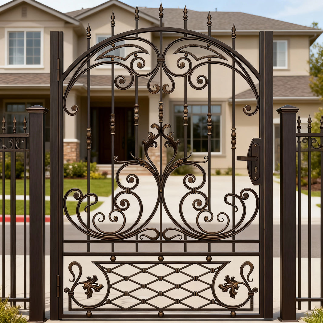 Scrollhaven Passage – Ornamental wrought iron man door with floral scrollwork, symmetrical lattice, and secure entry handle Model # MG259