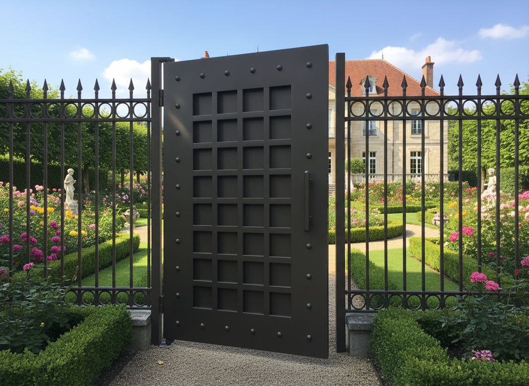 Grid mark Passage – Industrial-style man door with riveted frame and square panel grid Model # MG262