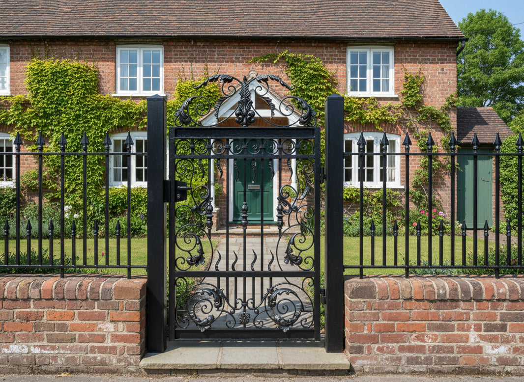 Leafcrest Passage – Ornamental wrought iron man door with floral scrollwork, vertical bar lattice, and leaf crown arch Model # MG263