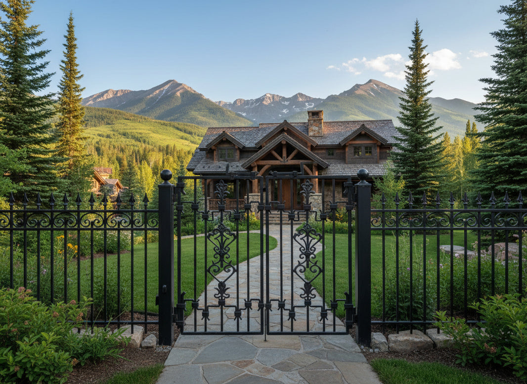 Floracrest Passage – Ornamental wrought iron man door with floral scrollwork, vertical bar lattice, and symmetrical twin-panel design Model # MG264