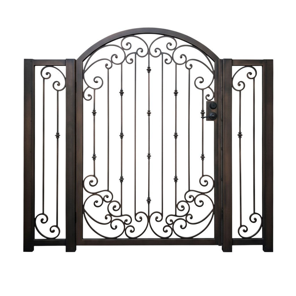 Knucklecrest Passage – Ornamental triple-panel wrought iron man door with scrollwork lattice, vertical knuckles, and arched finial crown Model # MG265