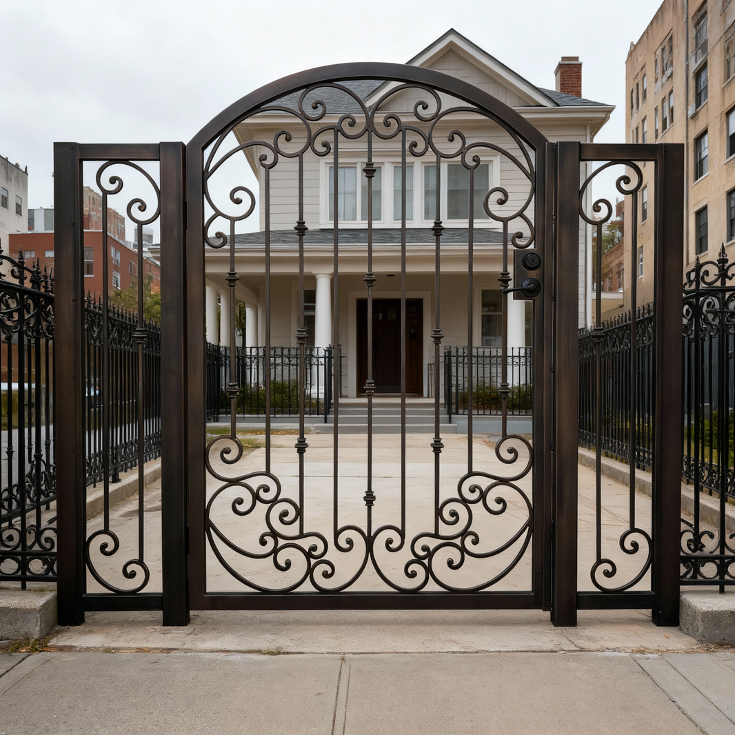 Knucklecrest Passage – Ornamental triple-panel wrought iron man door with scrollwork lattice, vertical knuckles, and arched finial crown Model # MG265