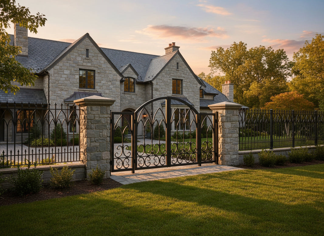 Gothique Passage – Ornamental wrought iron man door with pointed arch lattice, twisted bars, and scrollwork base Model # MG266