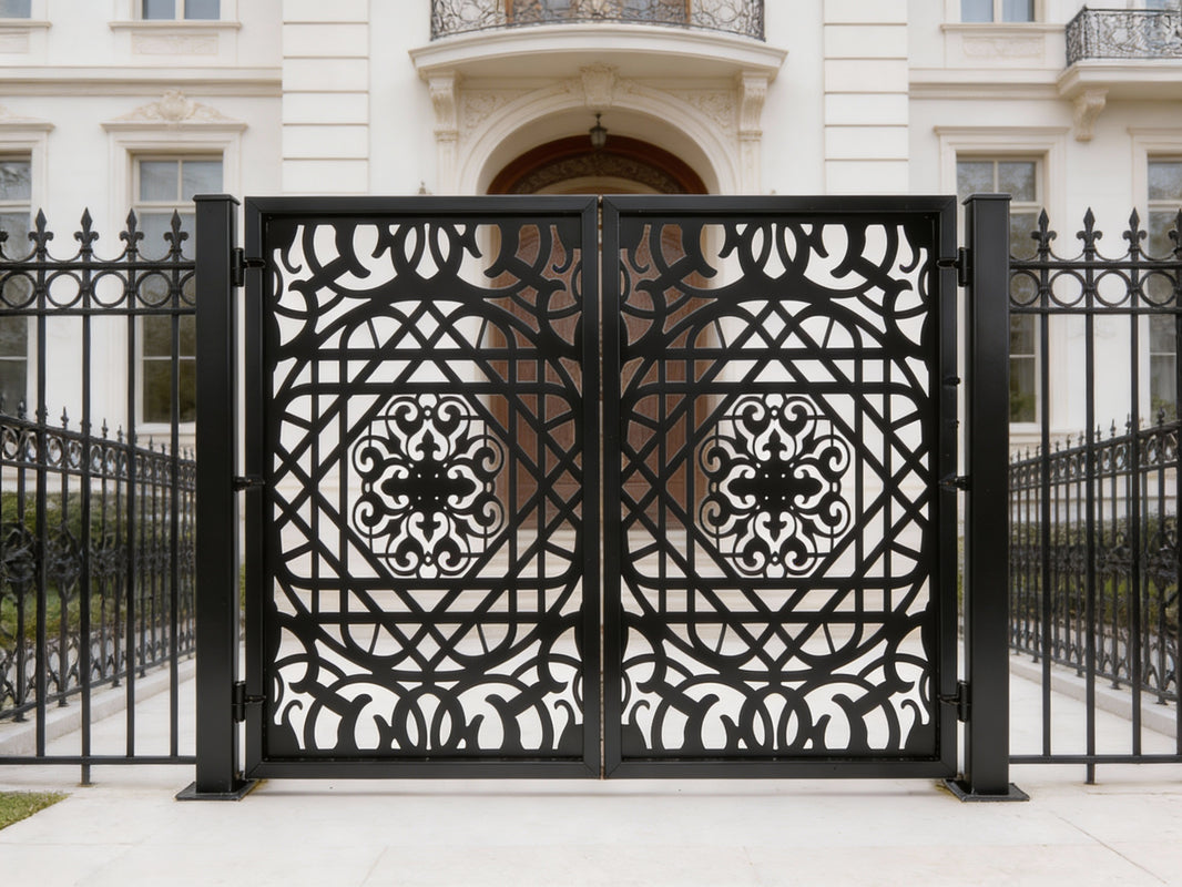 Miravine Passage – Ornamental wrought iron man door with mirrored scrollwork and geometric lattice symmetry Model # MG267