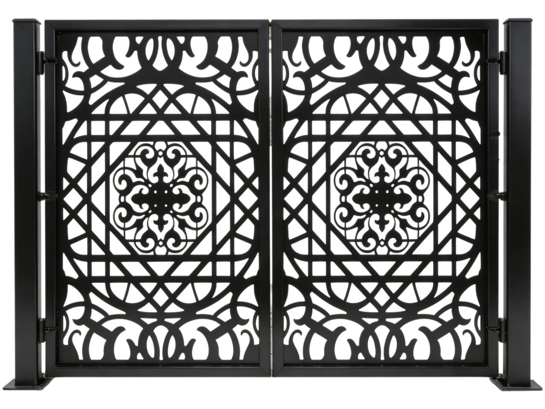 Miravine Passage – Ornamental wrought iron man door with mirrored scrollwork and geometric lattice symmetry Model # MG267