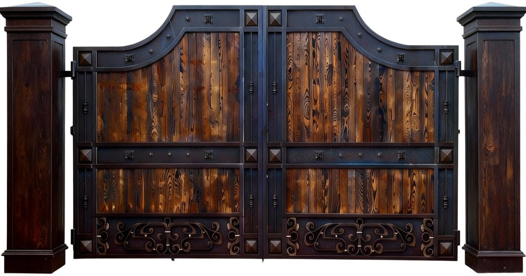 Studforge Drive – Ornamental double-panel wood-and-metal driveway gate with riveted frame, scrollwork base, and arched silhouette Model # MG280