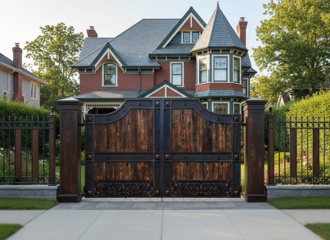 Studforge Drive – Ornamental double-panel wood-and-metal driveway gate with riveted frame, scrollwork base, and arched silhouette Model # MG280