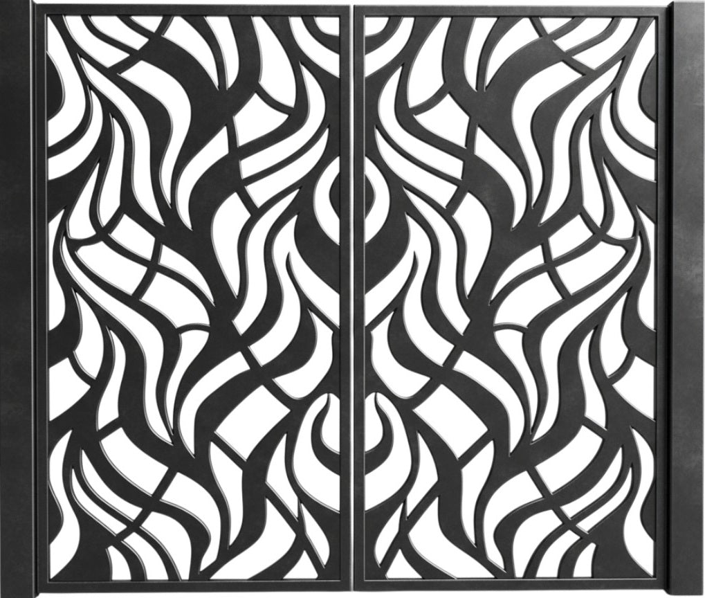 Flowveil Passage – Abstract curved-line man door with symmetrical dual-panel design and high-contrast finish Model # MG284