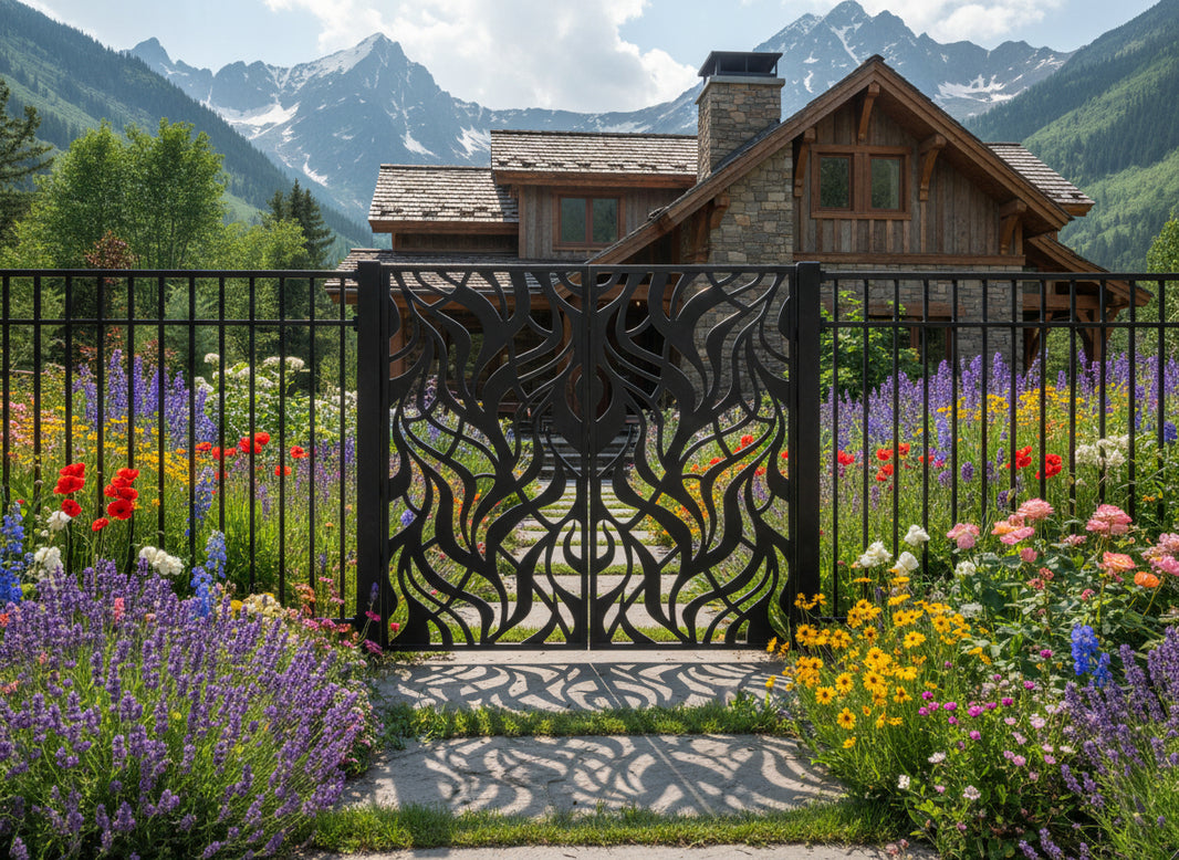 Flowveil Passage – Abstract curved-line man door with symmetrical dual-panel design and high-contrast finish Model # MG284