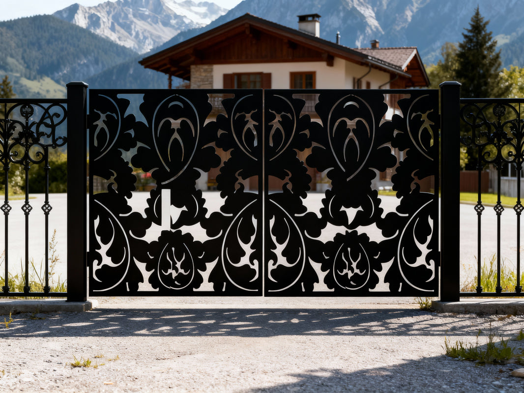 Ovalvine Passage – Ornamental double-panel wrought iron man door with mirrored organic motifs and oval frame lattice Model # MG288