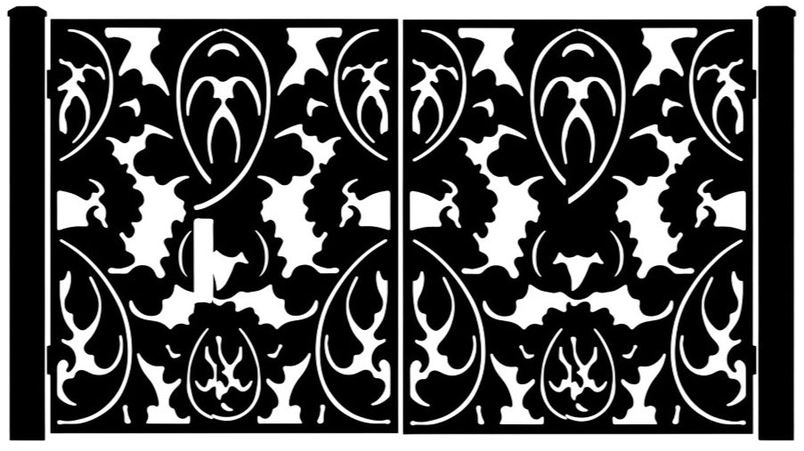Ovalvine Passage – Ornamental double-panel wrought iron man door with mirrored organic motifs and oval frame lattice Model # MG288