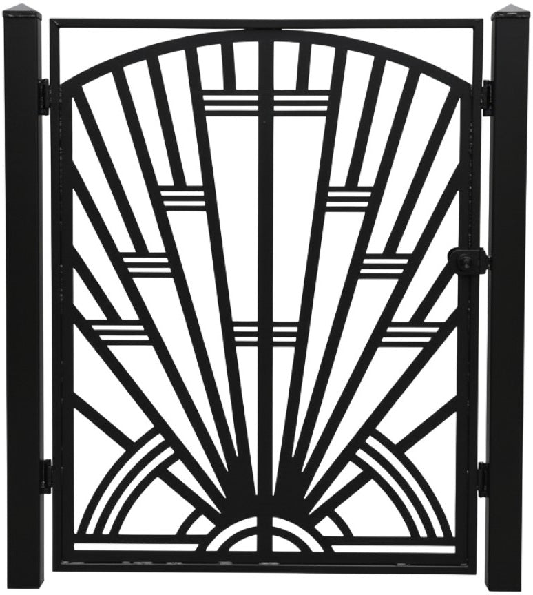 Sunspire Passage – Ornamental wrought iron man door with geometric sunburst lattice and patio privacy framing Model # MG294