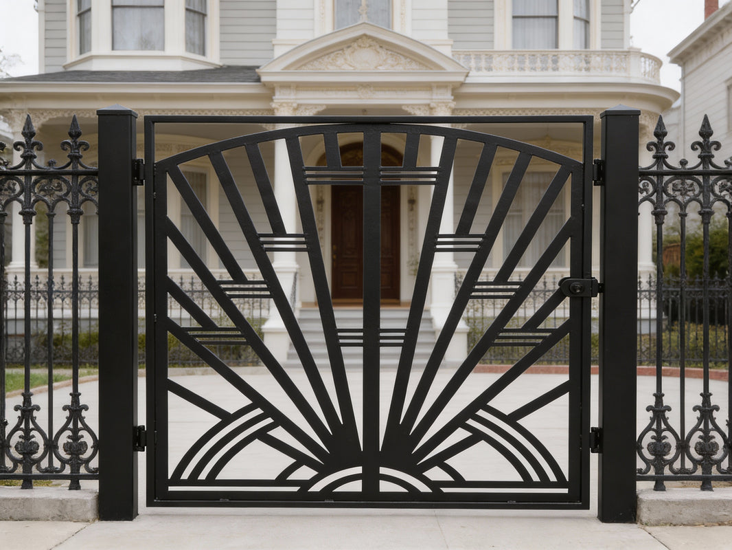 Sunspire Passage – Ornamental wrought iron man door with geometric sunburst lattice and patio privacy framing Model # MG294
